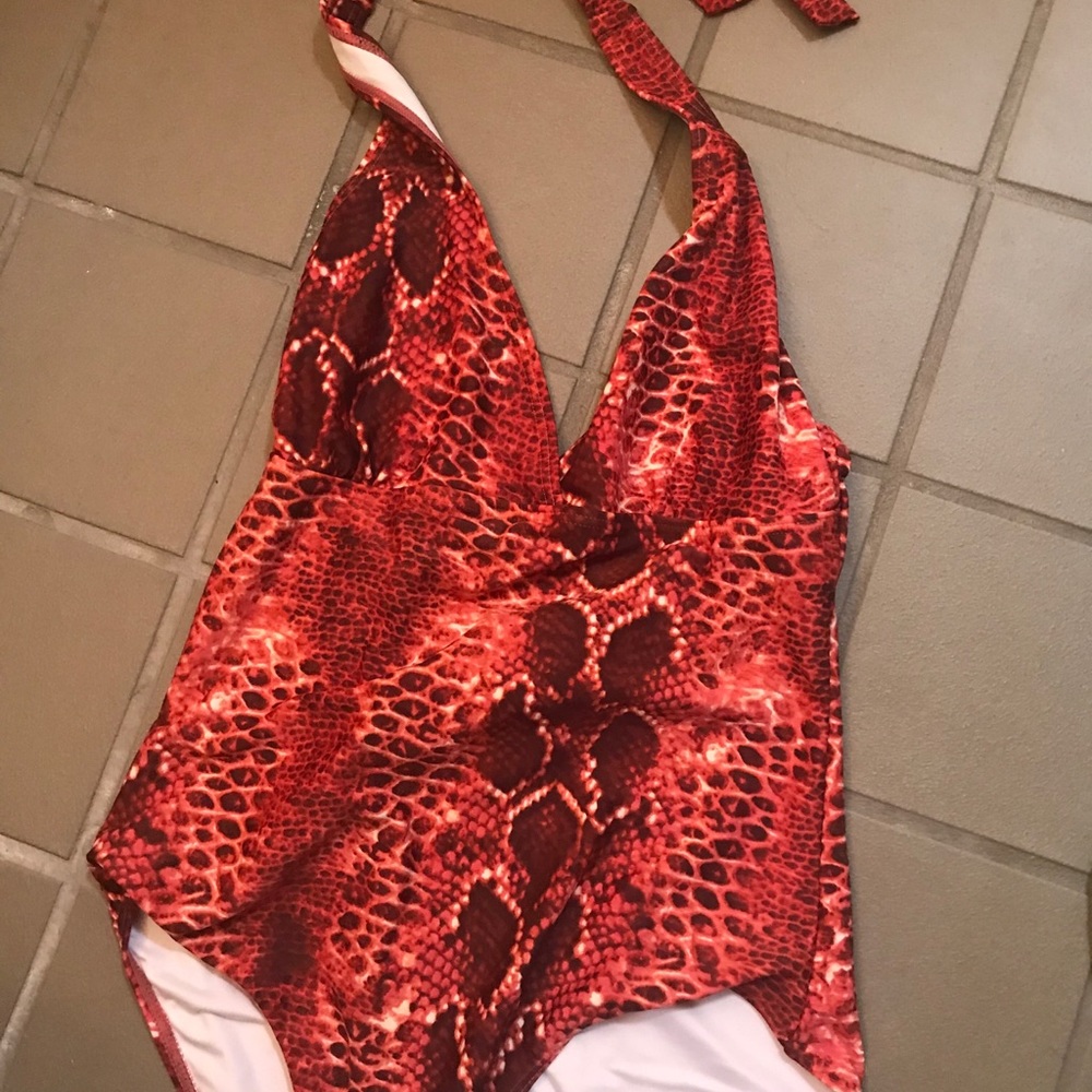 Low cut v neck halter swimsuit - red snakeskin